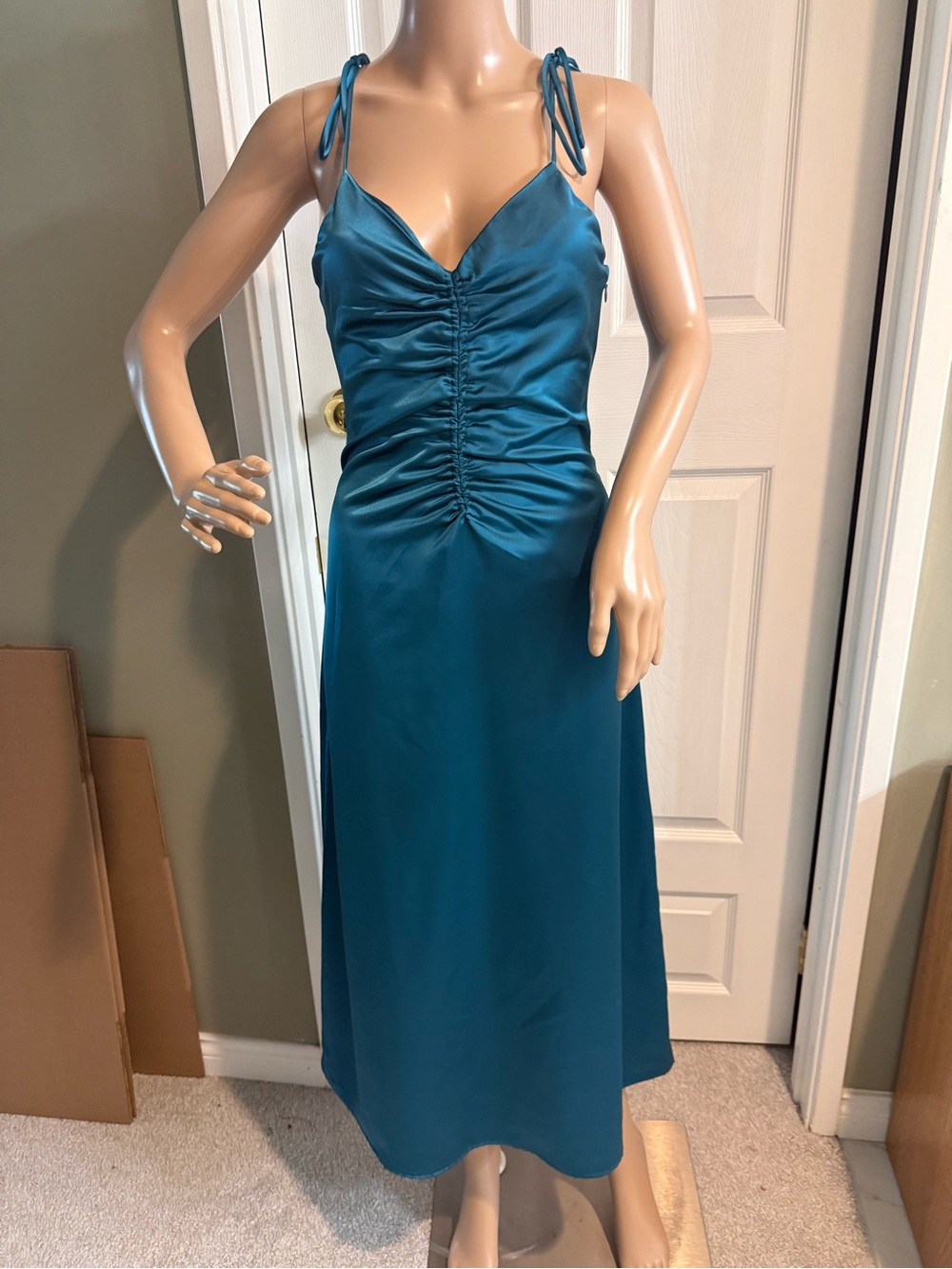 Jason Wu Satin Dress Teal Blue Ruched Strappy Open Back Womens XS Evening Event